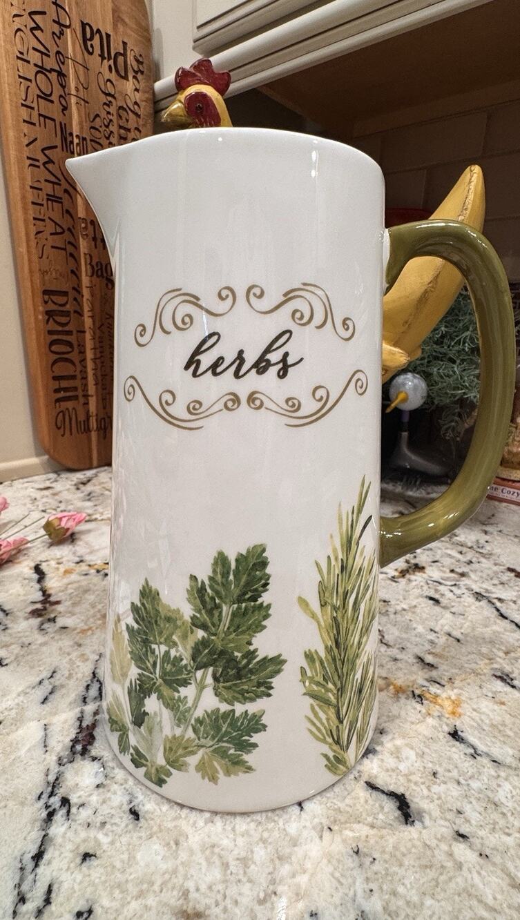 Decorative Ceramic Pitcher Green White Herb 9.5 in Tall 5.5 in Base 4.75 in Top